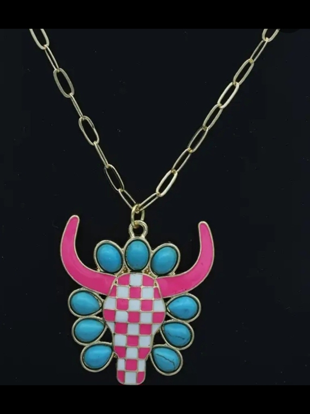 Pink and Turquoise Enamel Bull Pendant Necklace